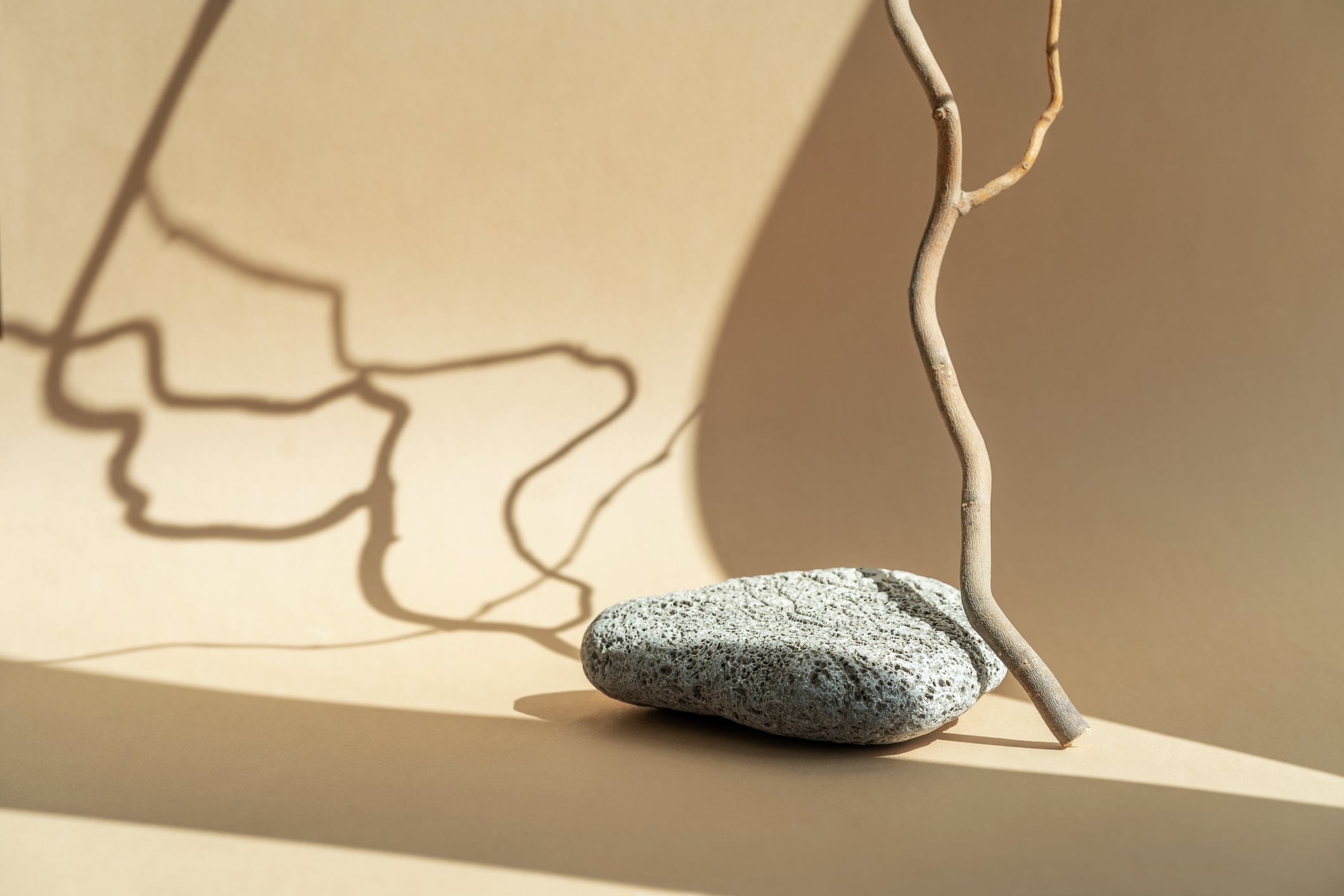 Podium for exhibitions and product presentations material stone, wood. Beautiful beige background made of natural materials. Abstract nature scene with composition Product presentation