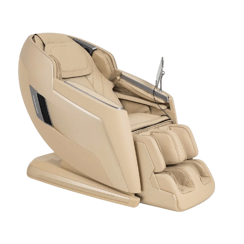 Framifrån vy på en beige massagestol med vadderade säten och en elegant, ergonomisk design.
